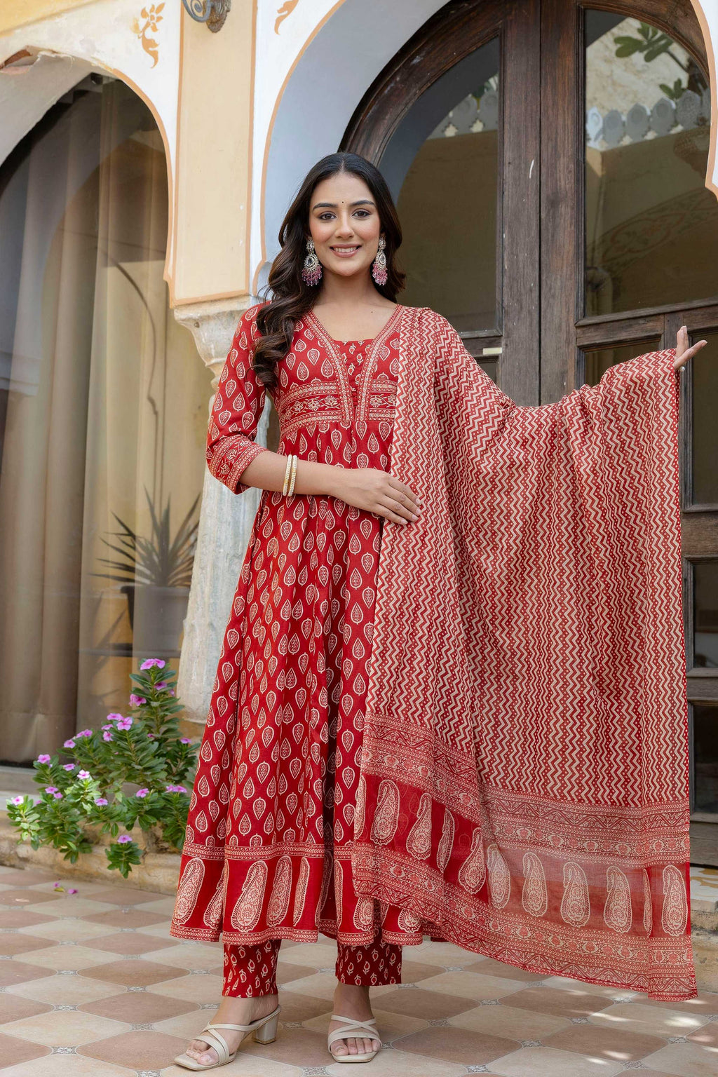 Ethnic Printed Anarkali Kurta With Matching Pant & A Flowy Dupatta, Rust - Hiral Fashion - Distacart