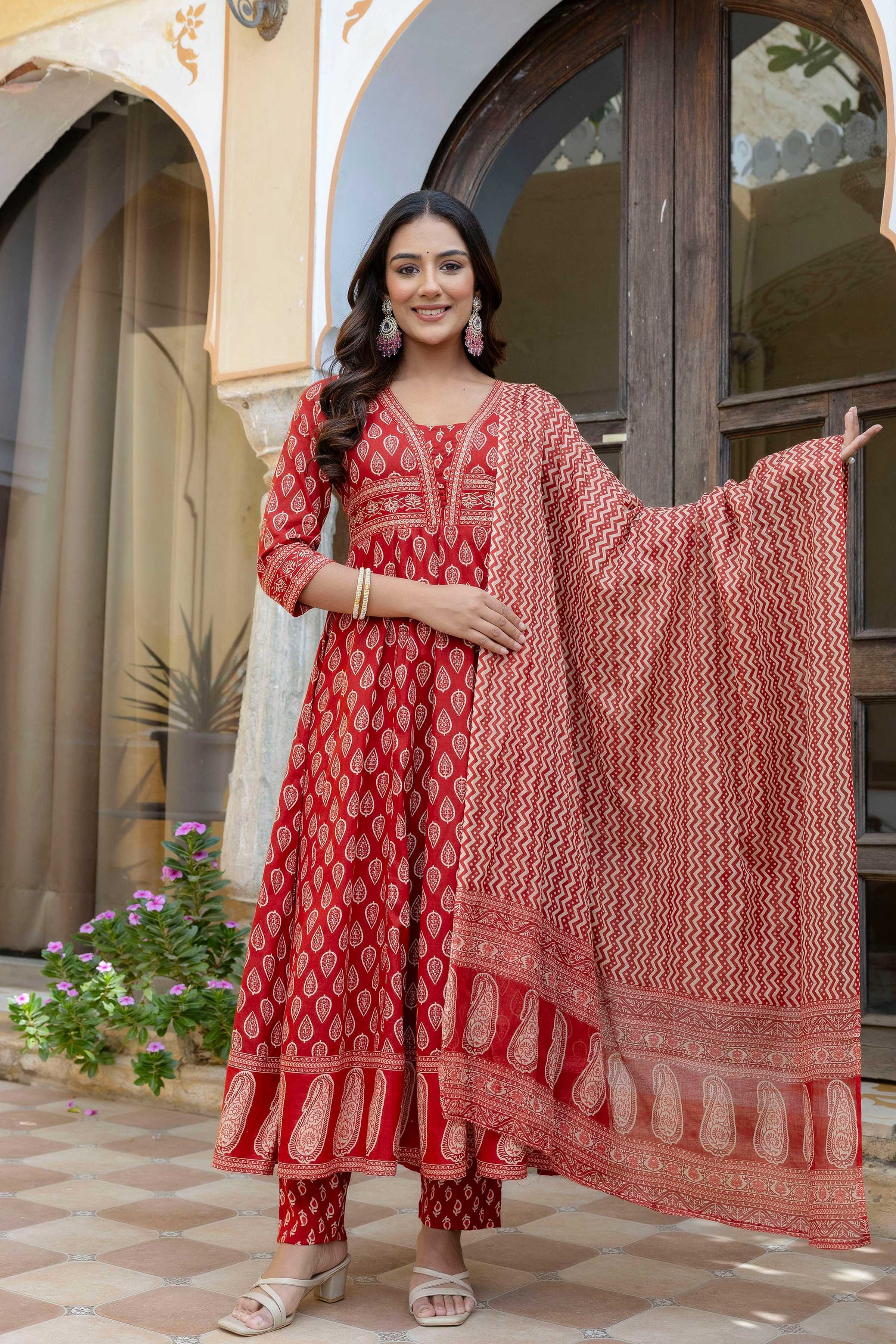 Ethnic Printed Anarkali Kurta With Matching Pant & A Flowy Dupatta, Rust - Hiral Fashion - Distacart