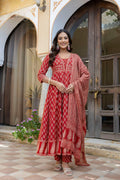 Ethnic Printed Anarkali Kurta With Matching Pant & A Flowy Dupatta, Rust - Hiral Fashion - Distacart