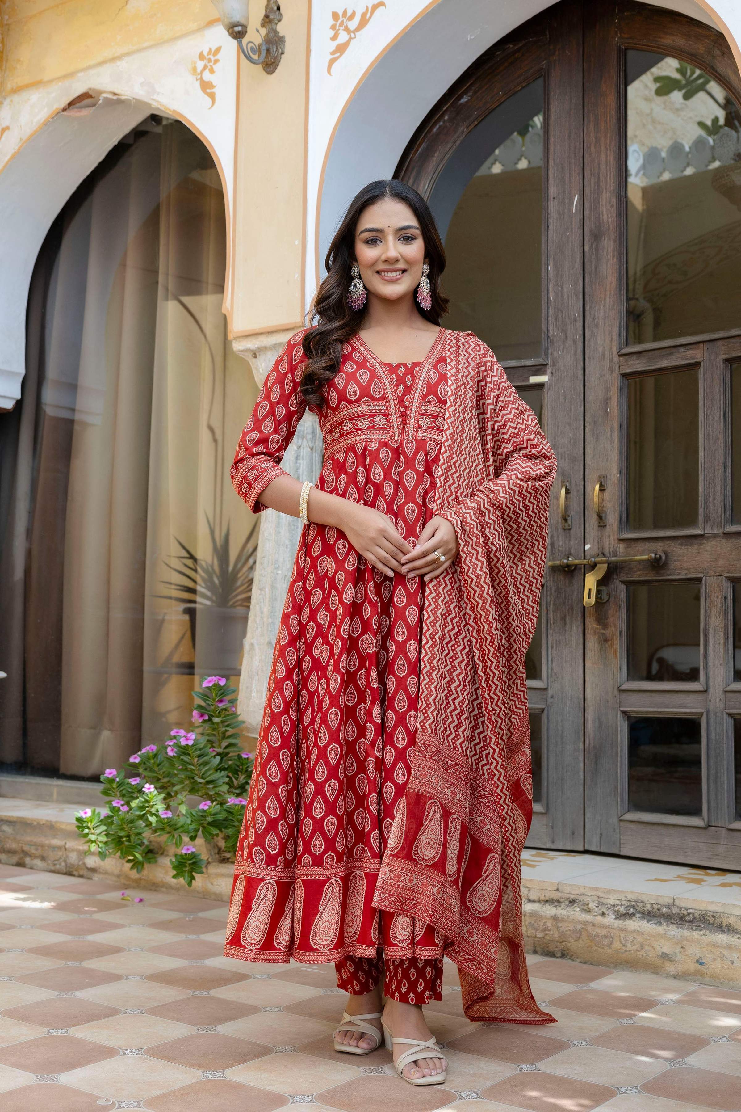 Ethnic Printed Anarkali Kurta With Matching Pant & A Flowy Dupatta, Rust - Hiral Fashion - Distacart