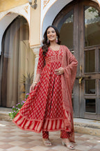 Ethnic Printed Anarkali Kurta With Matching Pant & A Flowy Dupatta, Rust - Hiral Fashion - Distacart