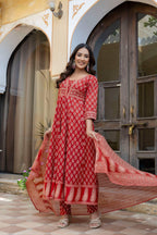 Ethnic Printed Anarkali Kurta With Matching Pant & A Flowy Dupatta, Rust - Hiral Fashion - Distacart