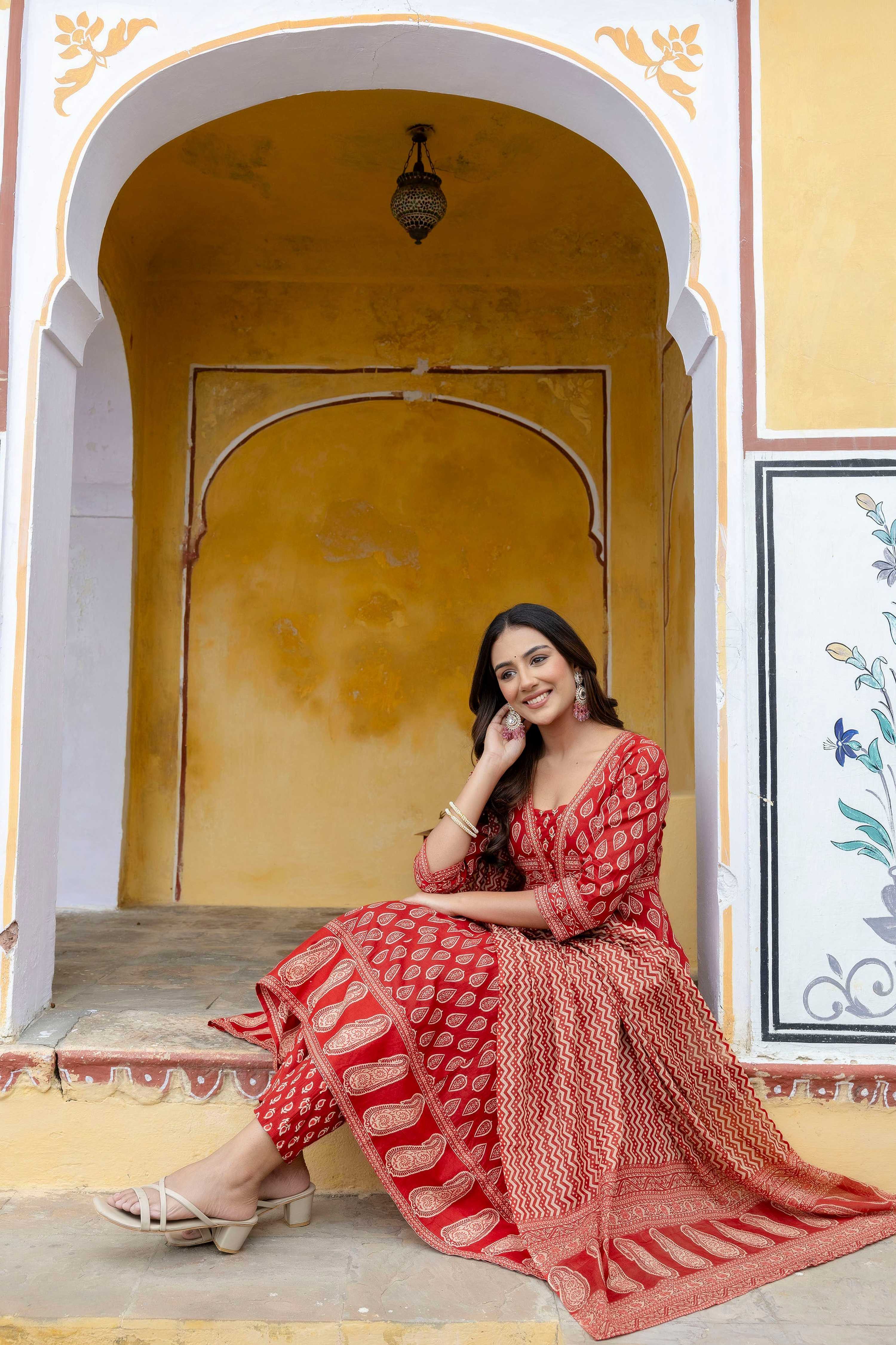 Ethnic Printed Anarkali Kurta With Matching Pant & A Flowy Dupatta, Rust - Hiral Fashion - Distacart
