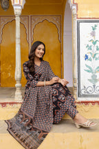 Ajrakh-Inspired Ethnic Handblock Printed Angarkha Style Kurta With Pant & Printed Dupatta, Black - Hiral Fashion - Distacart