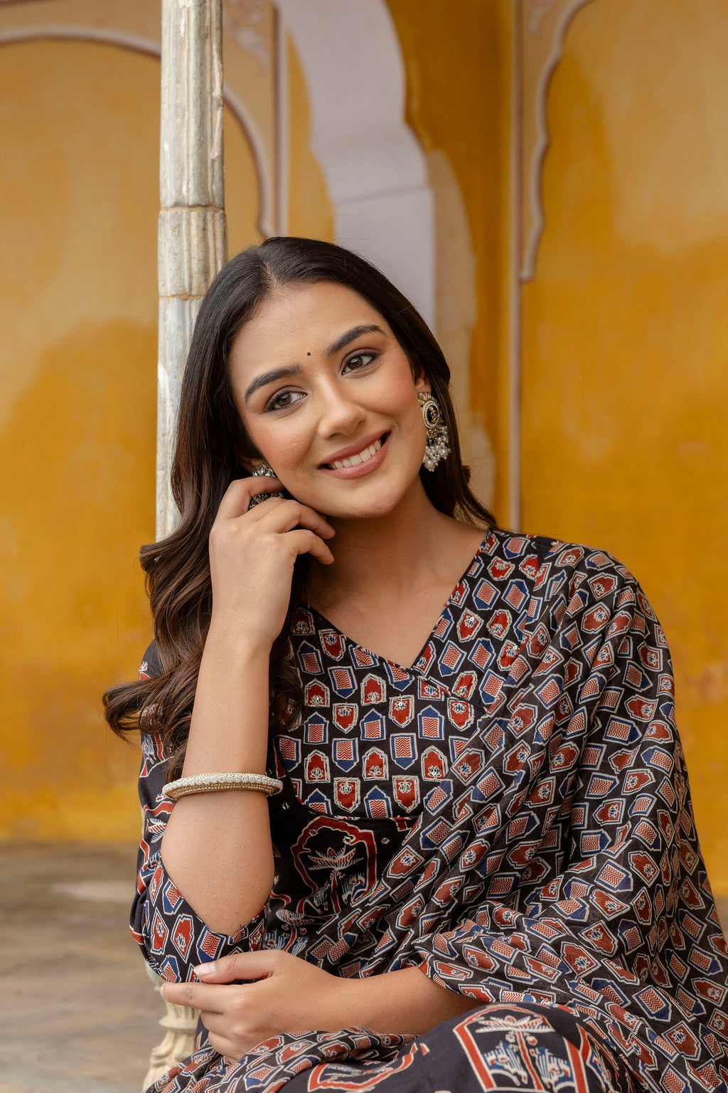 Ajrakh-Inspired Ethnic Handblock Printed Angarkha Style Kurta With Pant & Printed Dupatta, Black - Hiral Fashion - Distacart