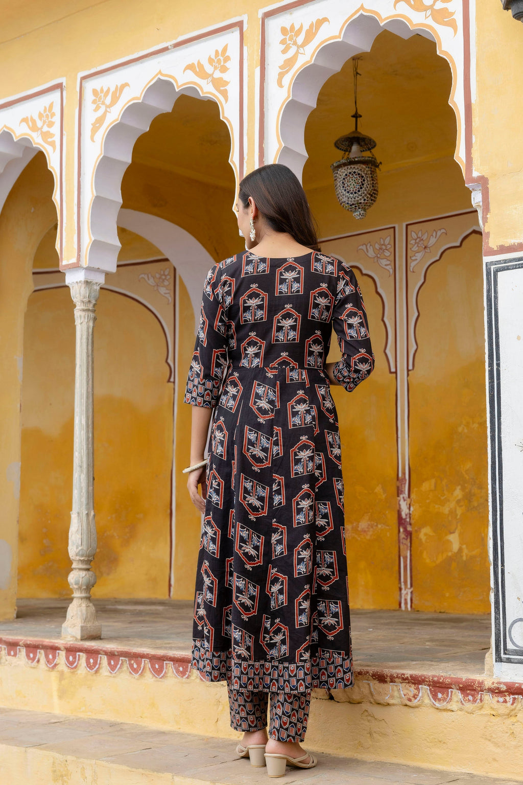 Ajrakh-Inspired Ethnic Handblock Printed Angarkha Style Kurta With Pant & Printed Dupatta, Black - Hiral Fashion - Distacart