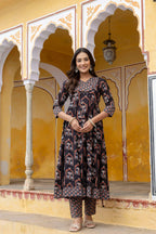 Ajrakh-Inspired Ethnic Handblock Printed Angarkha Style Kurta With Pant & Printed Dupatta, Black - Hiral Fashion - Distacart