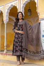 Ajrakh-Inspired Ethnic Handblock Printed Angarkha Style Kurta With Pant & Printed Dupatta, Black - Hiral Fashion - Distacart