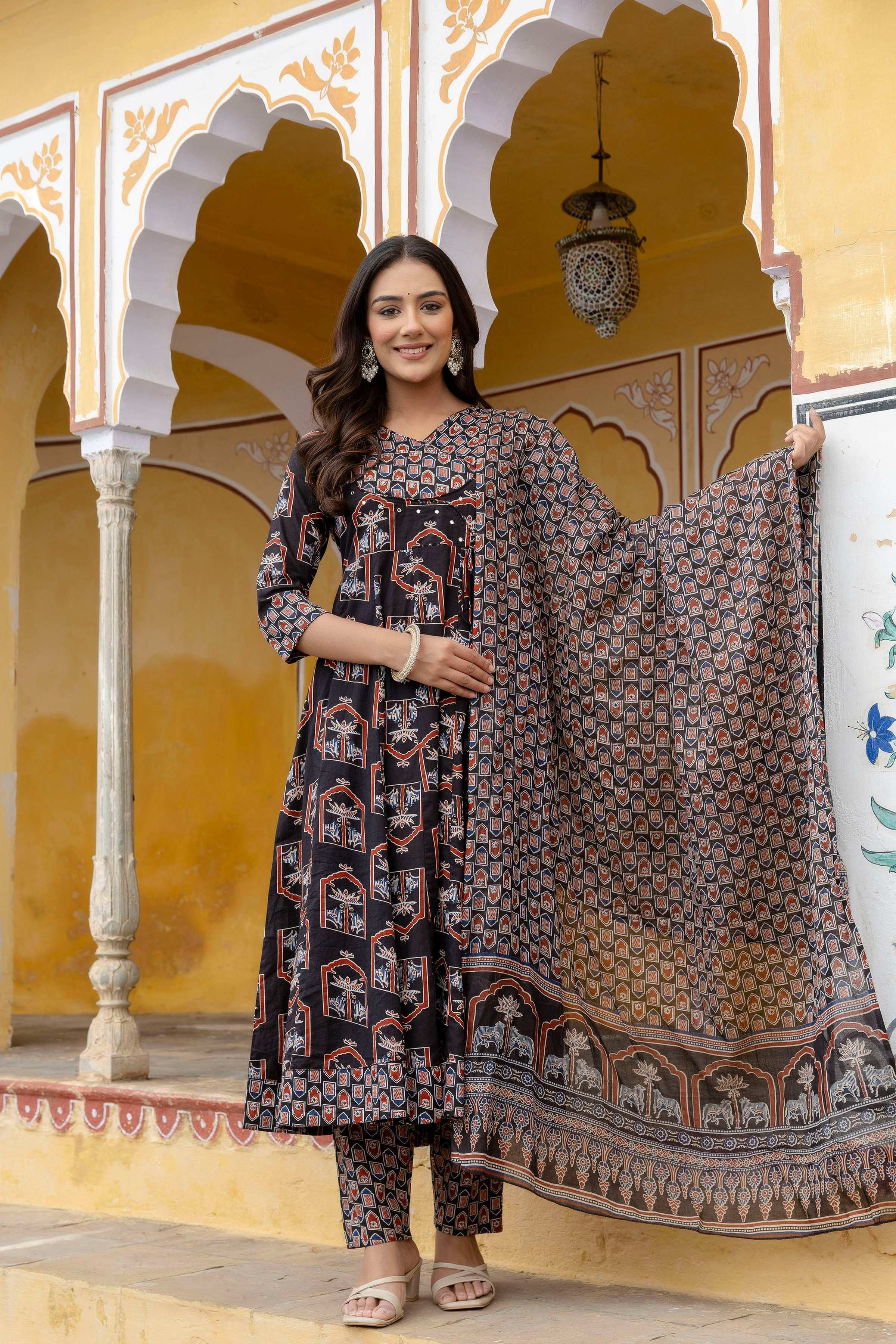 Ajrakh-Inspired Ethnic Handblock Printed Angarkha Style Kurta With Pant & Printed Dupatta, Black - Hiral Fashion - Distacart