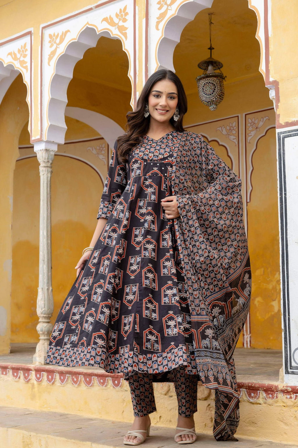 Ajrakh-Inspired Ethnic Handblock Printed Angarkha Style Kurta With Pant & Printed Dupatta, Black - Hiral Fashion - Distacart