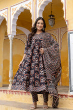 Ajrakh-Inspired Ethnic Handblock Printed Angarkha Style Kurta With Pant & Printed Dupatta, Black - Hiral Fashion - Distacart