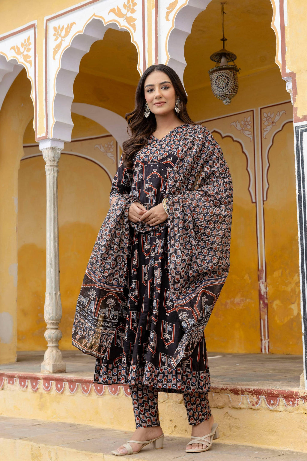 Ajrakh-Inspired Ethnic Handblock Printed Angarkha Style Kurta With Pant & Printed Dupatta, Black - Hiral Fashion - Distacart