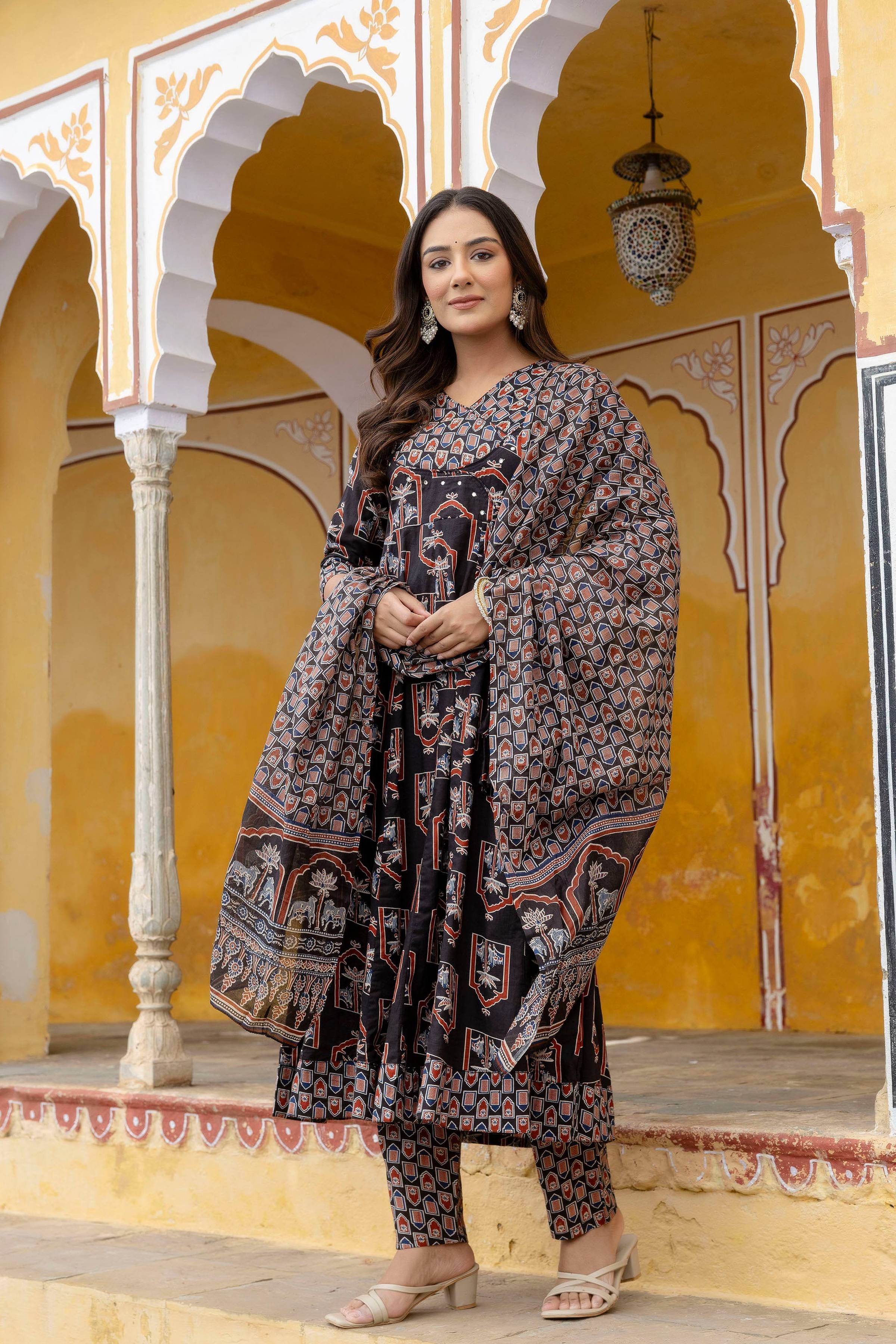 Ajrakh-Inspired Ethnic Handblock Printed Angarkha Style Kurta With Pant & Printed Dupatta, Black - Hiral Fashion - Distacart
