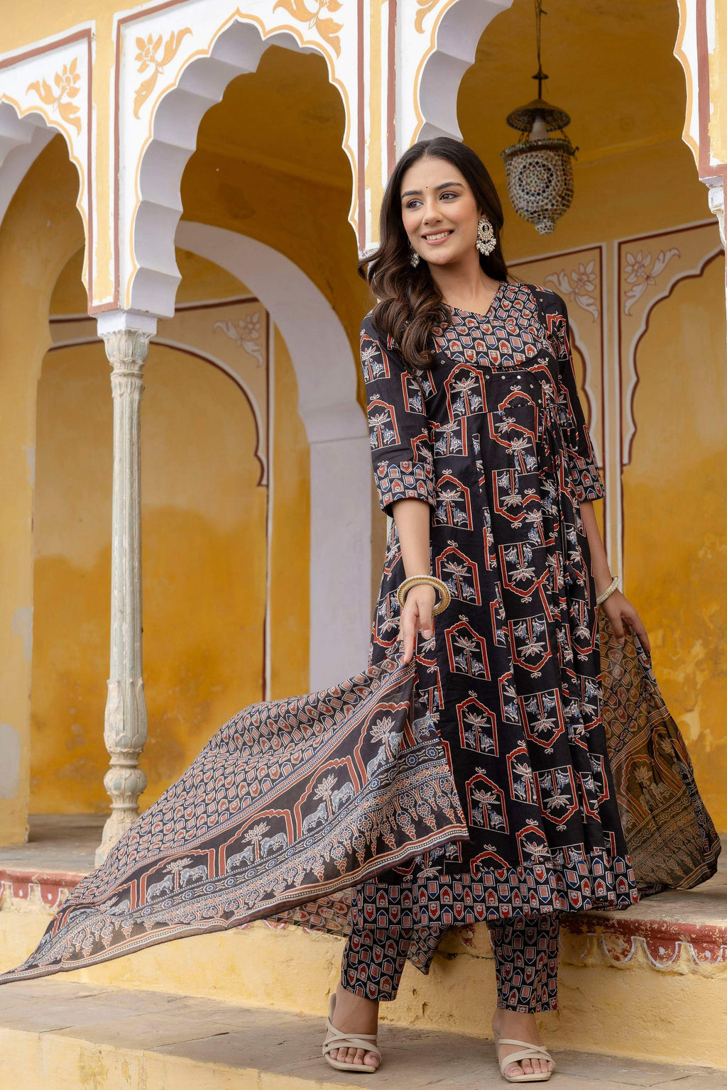 Ajrakh-Inspired Ethnic Handblock Printed Angarkha Style Kurta With Pant & Printed Dupatta, Black - Hiral Fashion - Distacart