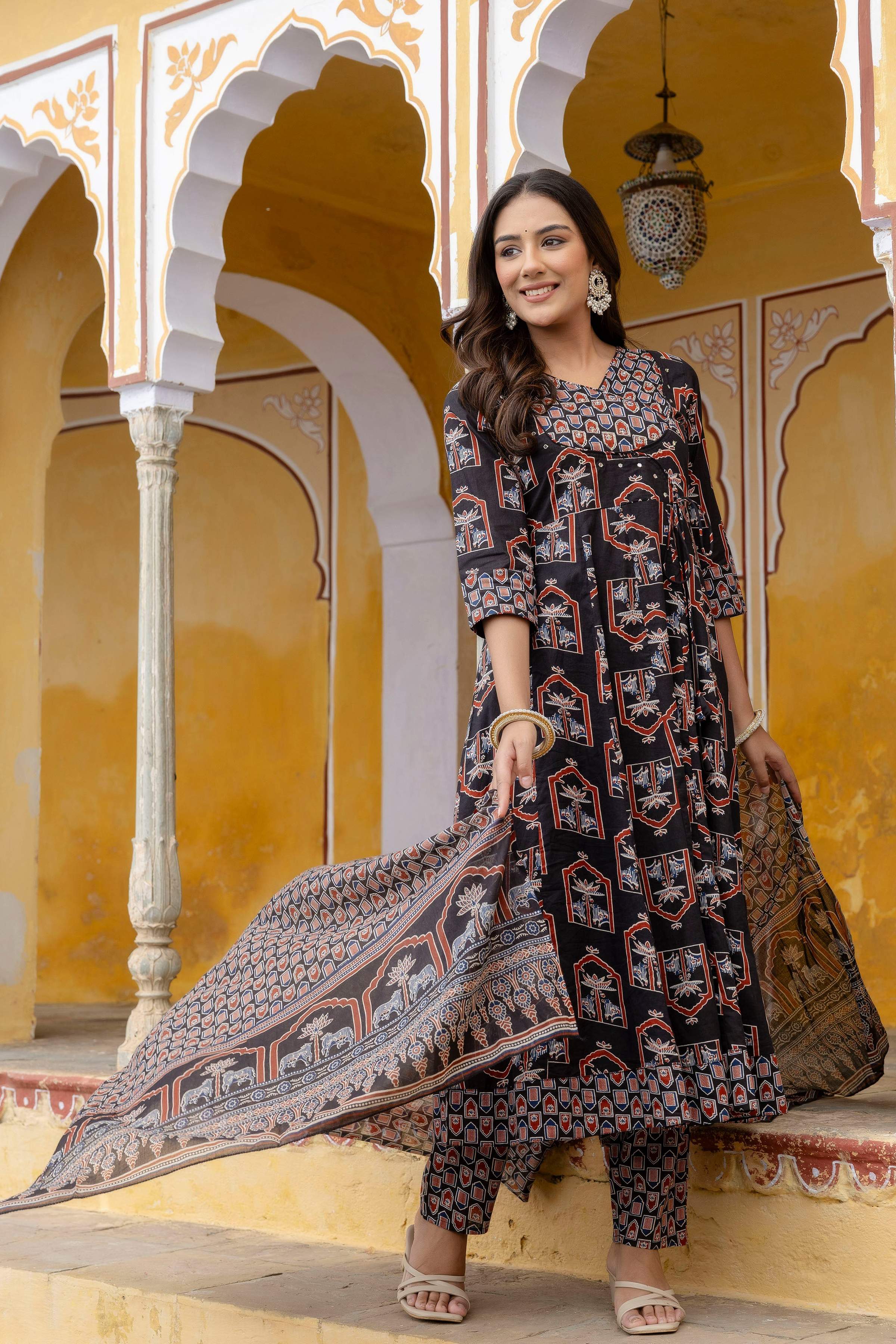 Ajrakh-Inspired Ethnic Handblock Printed Angarkha Style Kurta With Pant & Printed Dupatta, Black - Hiral Fashion - Distacart
