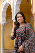 Ajrakh-Inspired Ethnic Handblock Printed Angarkha Style Kurta With Pant & Printed Dupatta, Black - Hiral Fashion - Distacart
