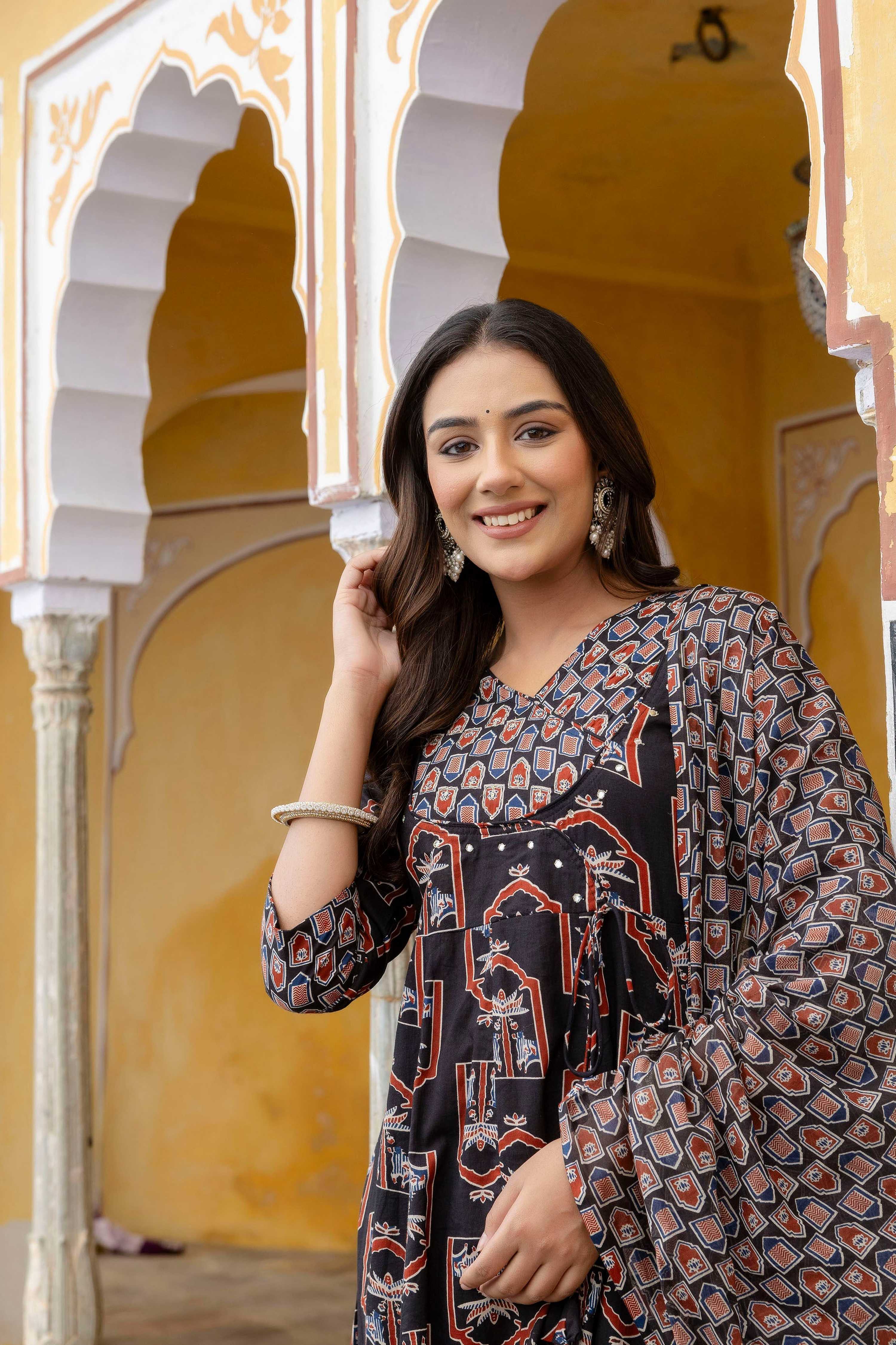 Ajrakh-Inspired Ethnic Handblock Printed Angarkha Style Kurta With Pant & Printed Dupatta, Black - Hiral Fashion - Distacart