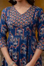 Ajrakh-Inspired Ethnic Handblock Printed Angarkha Style Kurta With Pant & Printed Dupatta, Blue - Hiral Fashion - Distacart