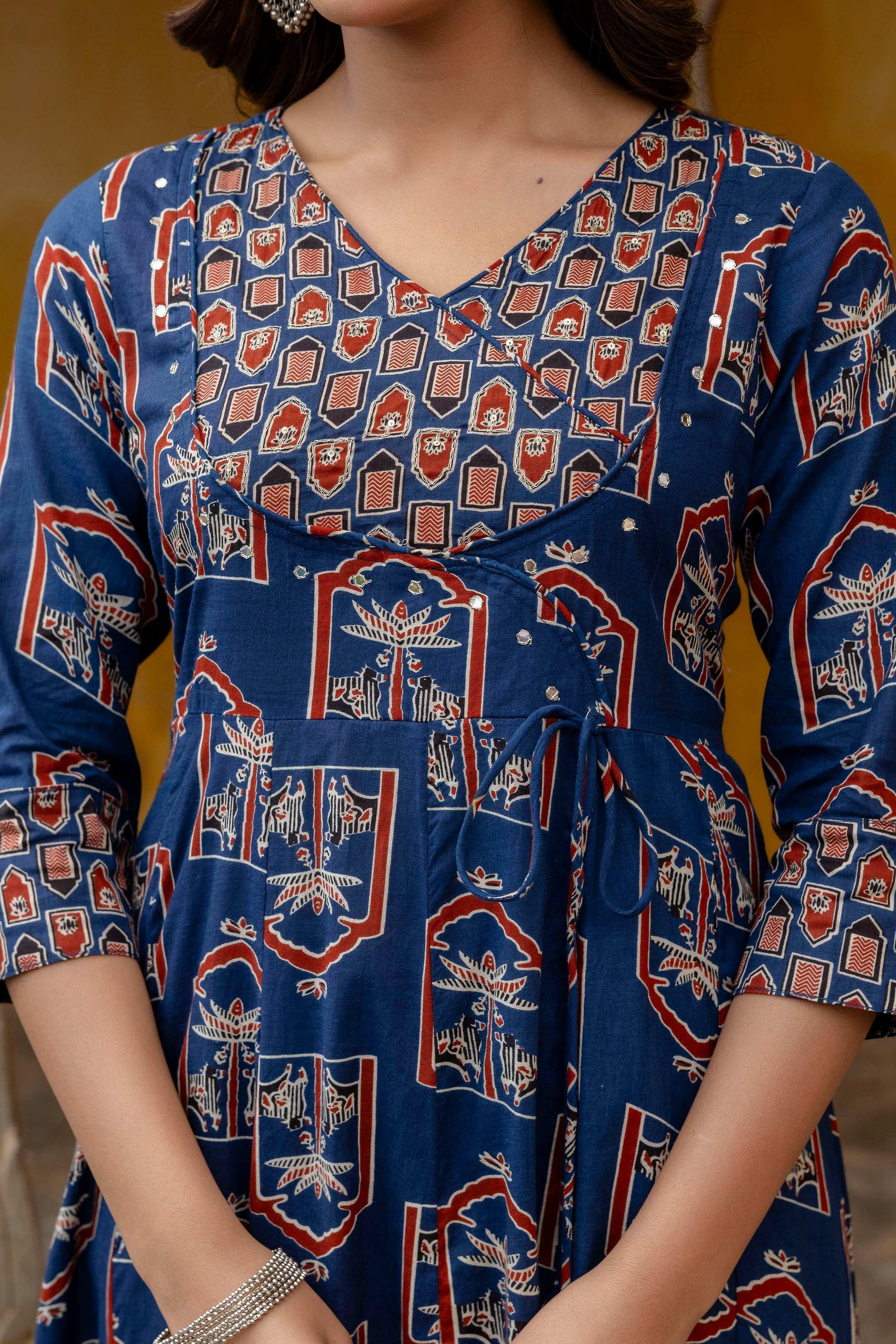 Ajrakh-Inspired Ethnic Handblock Printed Angarkha Style Kurta With Pant & Printed Dupatta, Blue - Hiral Fashion - Distacart