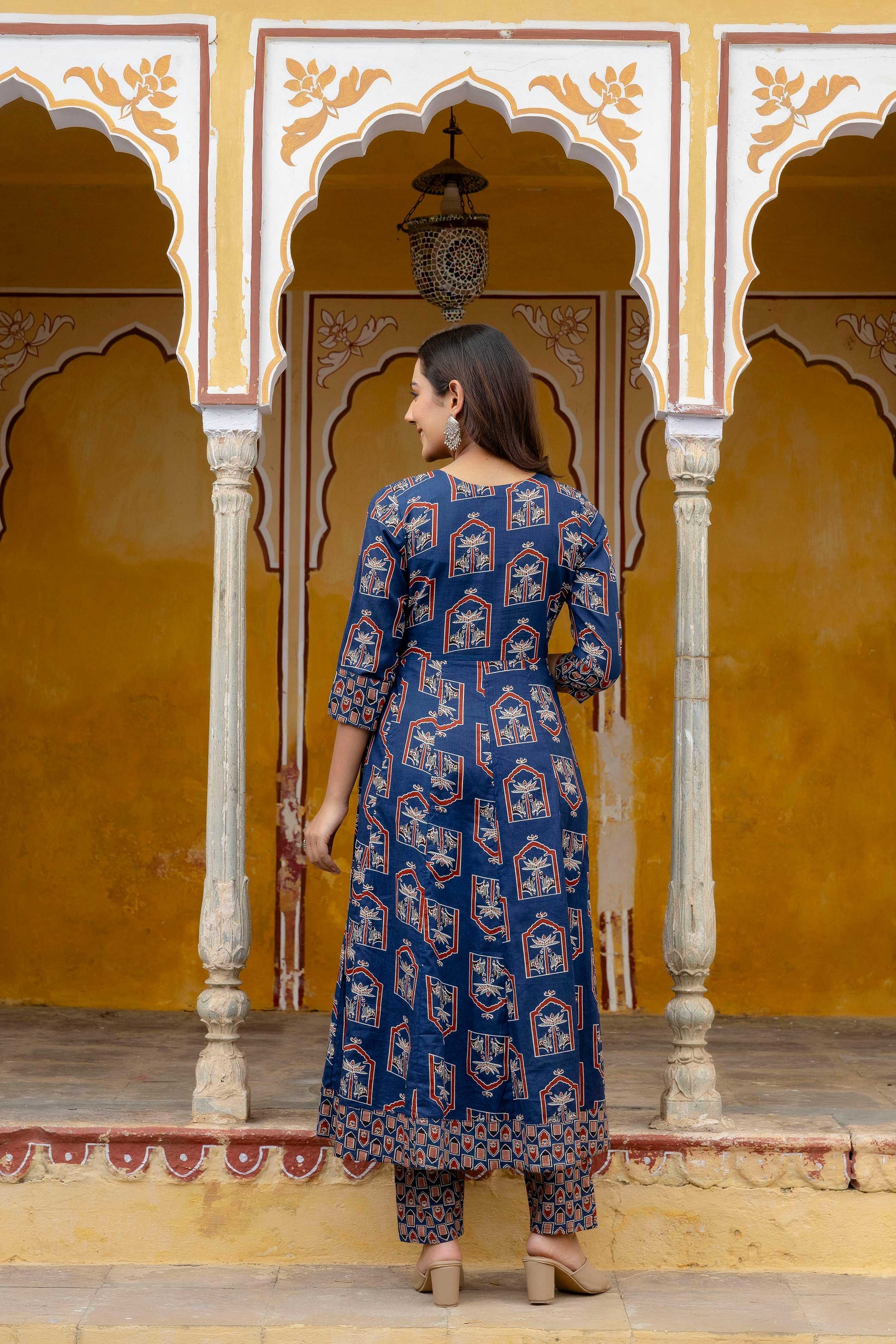 Ajrakh-Inspired Ethnic Handblock Printed Angarkha Style Kurta With Pant & Printed Dupatta, Blue - Hiral Fashion - Distacart