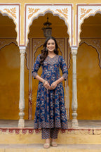 Ajrakh-Inspired Ethnic Handblock Printed Angarkha Style Kurta With Pant & Printed Dupatta, Blue - Hiral Fashion - Distacart