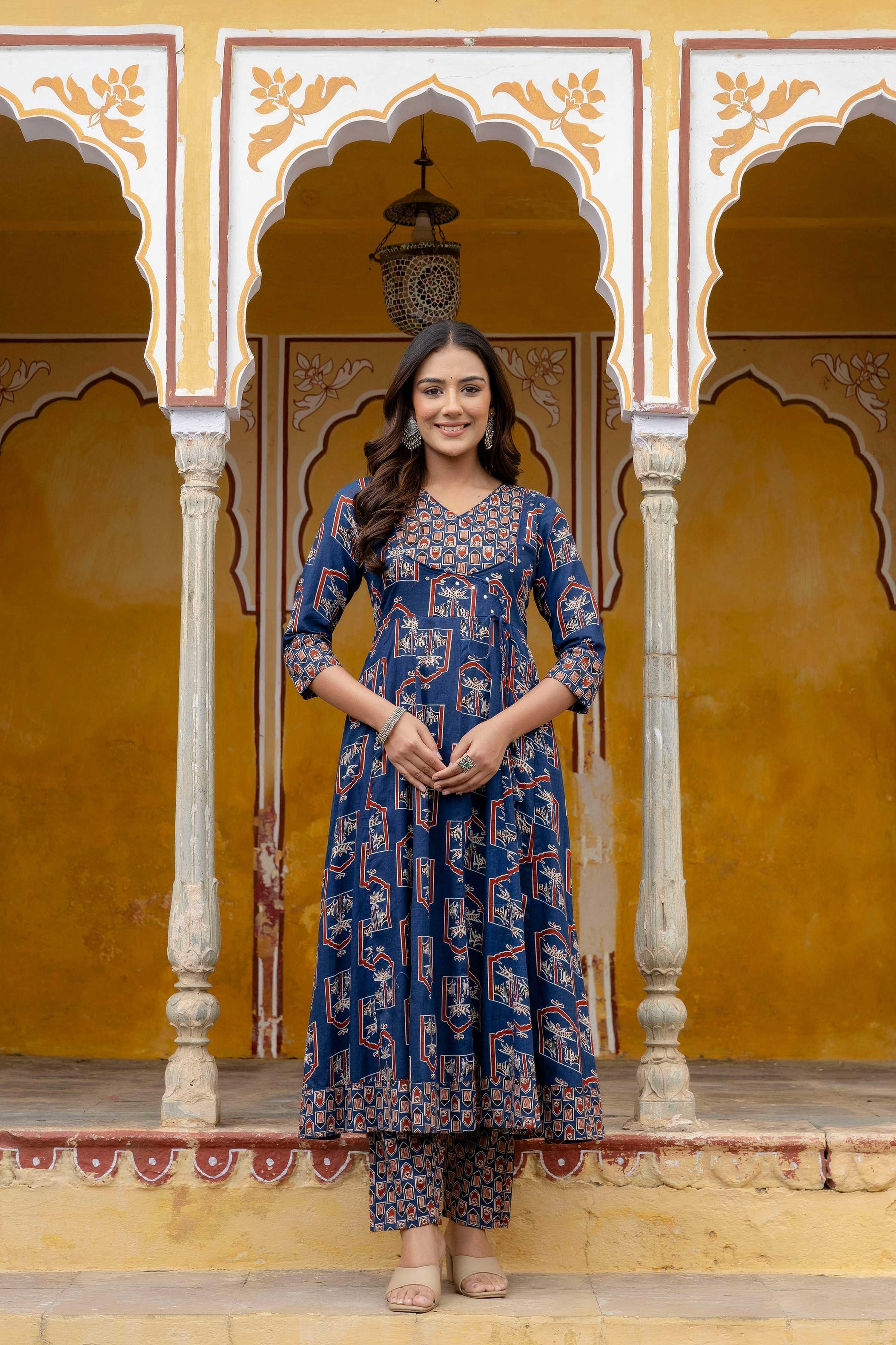 Ajrakh-Inspired Ethnic Handblock Printed Angarkha Style Kurta With Pant & Printed Dupatta, Blue - Hiral Fashion - Distacart