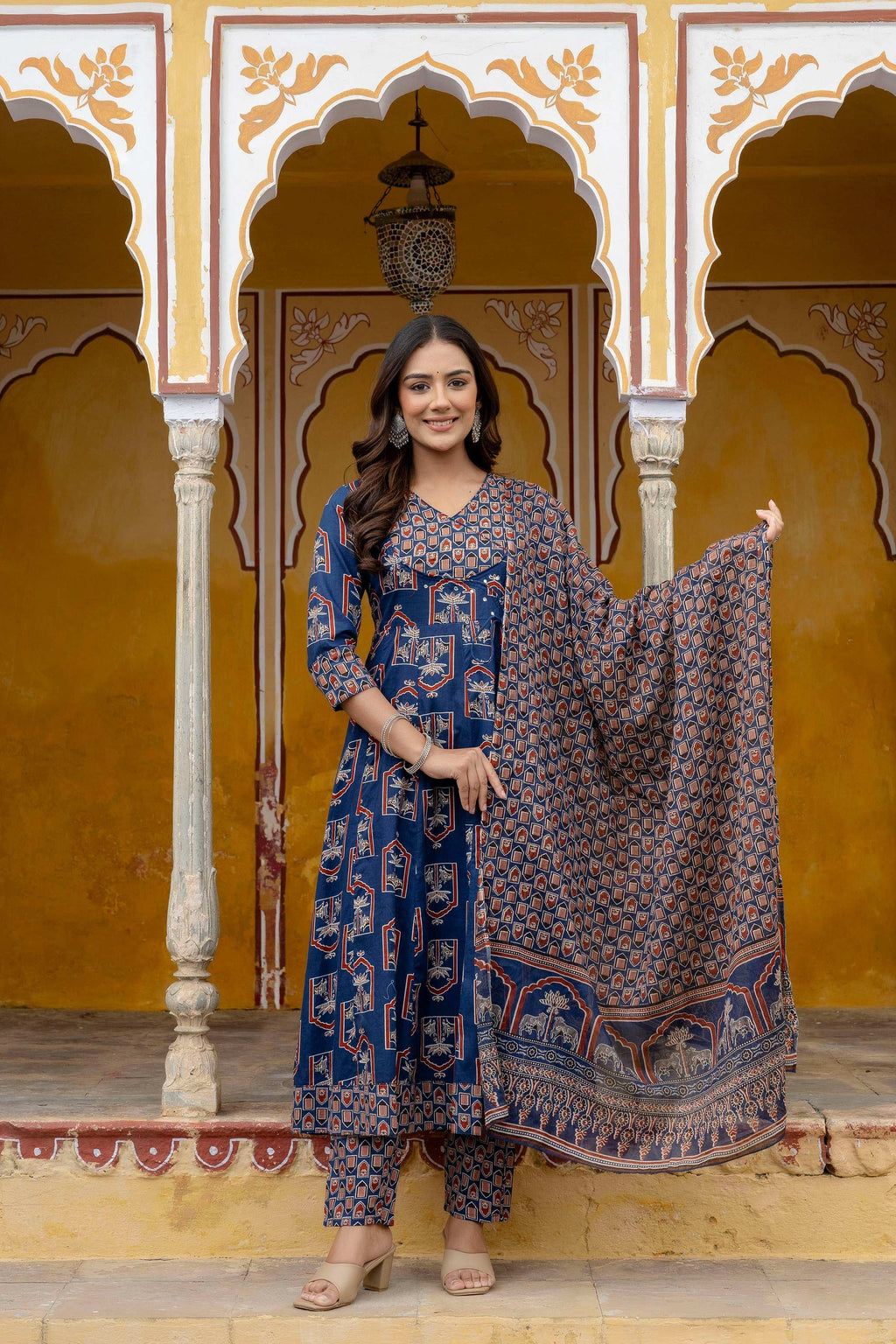 Ajrakh-Inspired Ethnic Handblock Printed Angarkha Style Kurta With Pant & Printed Dupatta, Blue - Hiral Fashion - Distacart