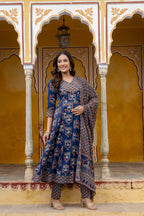 Ajrakh-Inspired Ethnic Handblock Printed Angarkha Style Kurta With Pant & Printed Dupatta, Blue - Hiral Fashion - Distacart
