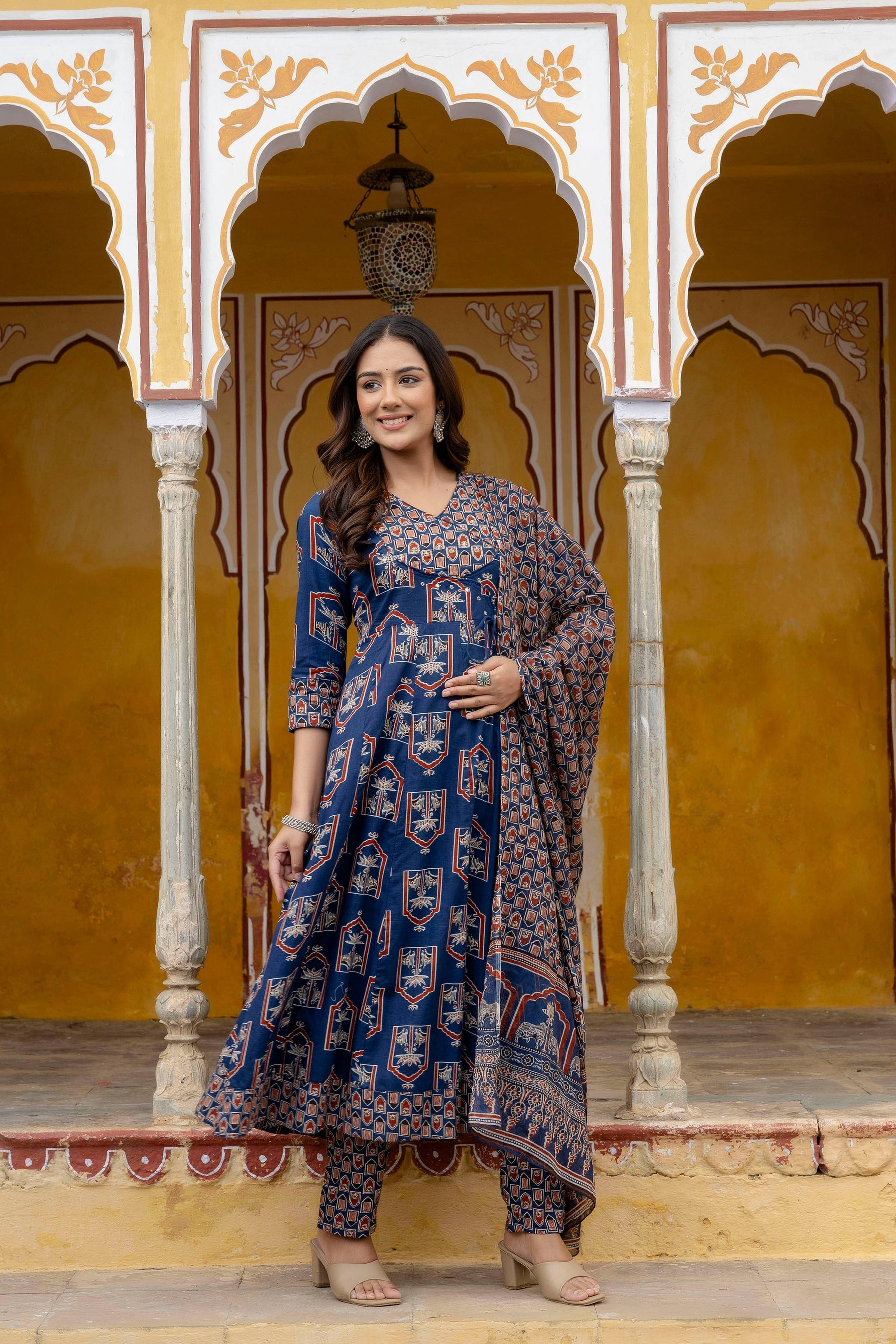 Ajrakh-Inspired Ethnic Handblock Printed Angarkha Style Kurta With Pant & Printed Dupatta, Blue - Hiral Fashion - Distacart