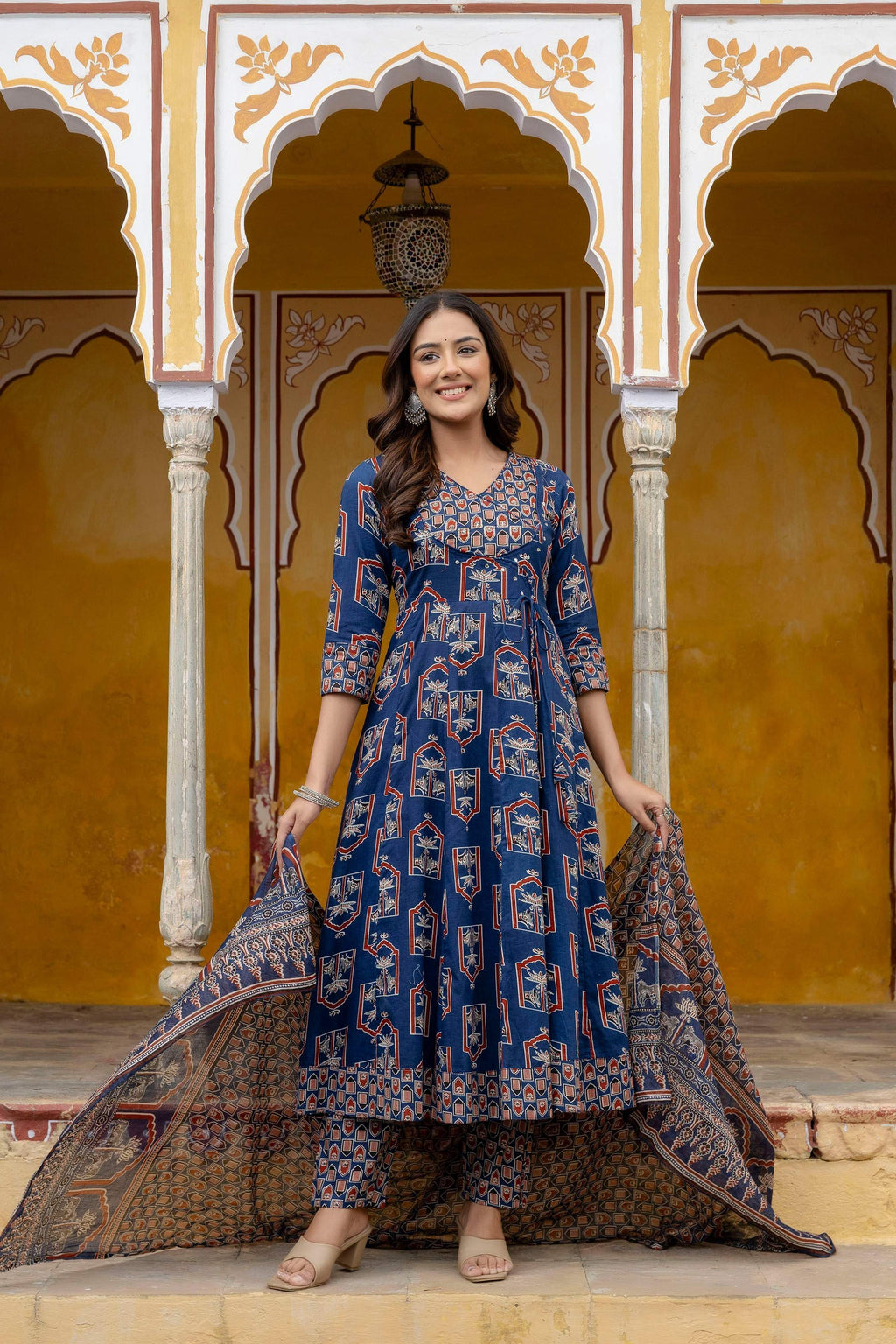 Ajrakh-Inspired Ethnic Handblock Printed Angarkha Style Kurta With Pant & Printed Dupatta, Blue - Hiral Fashion - Distacart