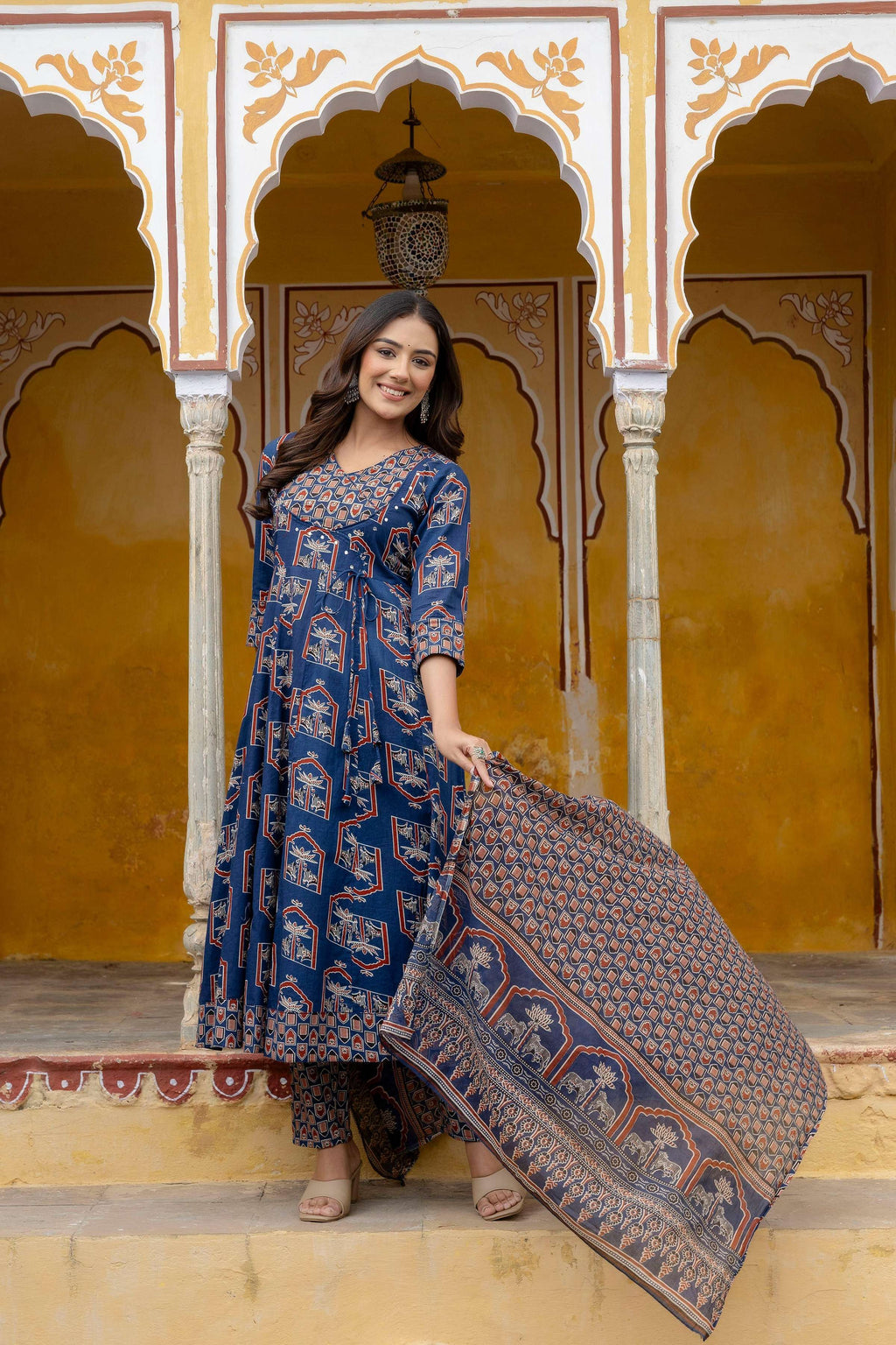 Ajrakh-Inspired Ethnic Handblock Printed Angarkha Style Kurta With Pant & Printed Dupatta, Blue - Hiral Fashion - Distacart