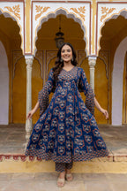 Ajrakh-Inspired Ethnic Handblock Printed Angarkha Style Kurta With Pant & Printed Dupatta, Blue - Hiral Fashion - Distacart