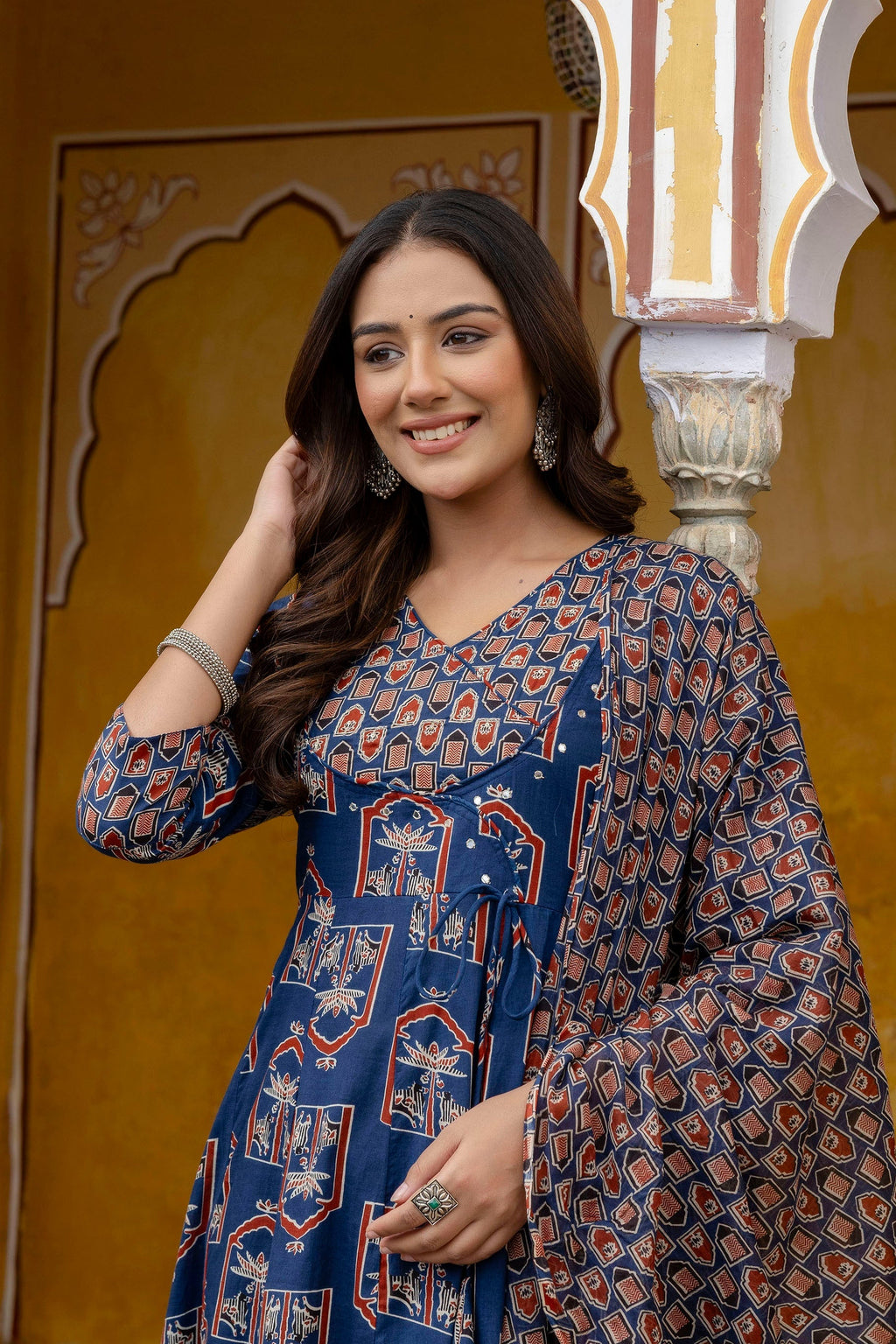 Ajrakh-Inspired Ethnic Handblock Printed Angarkha Style Kurta With Pant & Printed Dupatta, Blue - Hiral Fashion - Distacart
