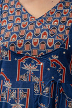 Ajrakh-Inspired Ethnic Handblock Printed Angarkha Style Kurta With Pant & Printed Dupatta, Blue - Hiral Fashion - Distacart