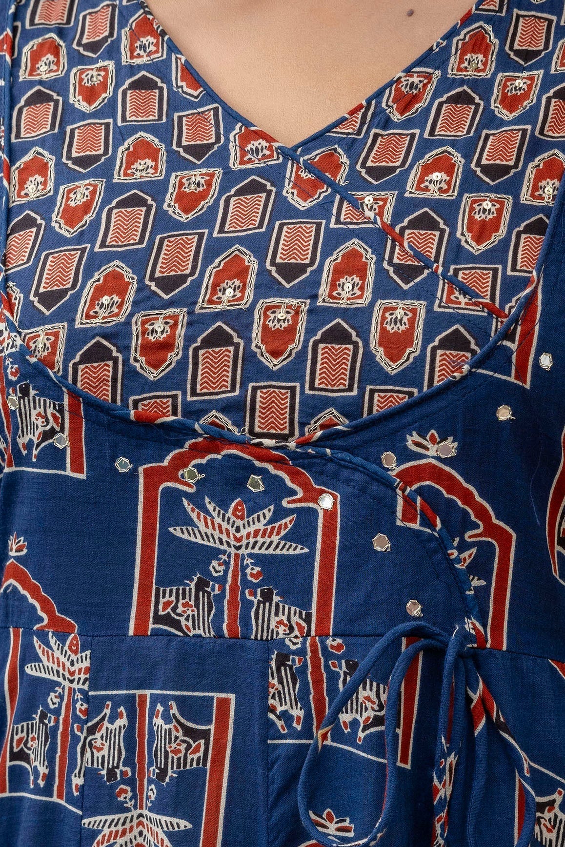 Ajrakh-Inspired Ethnic Handblock Printed Angarkha Style Kurta With Pant & Printed Dupatta, Blue - Hiral Fashion - Distacart