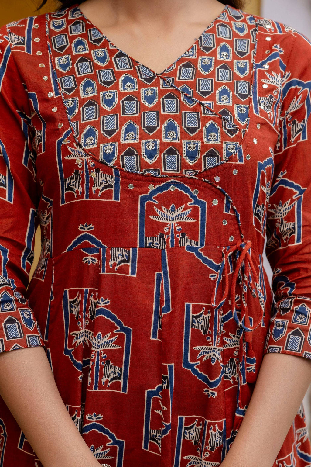 Ajrakh-Inspired Ethnic Handblock Printed Angarkha Style Kurta With Pant & Printed Dupatta, Rust - Hiral Fashion - Distacart