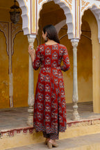 Ajrakh-Inspired Ethnic Handblock Printed Angarkha Style Kurta With Pant & Printed Dupatta, Rust - Hiral Fashion - Distacart