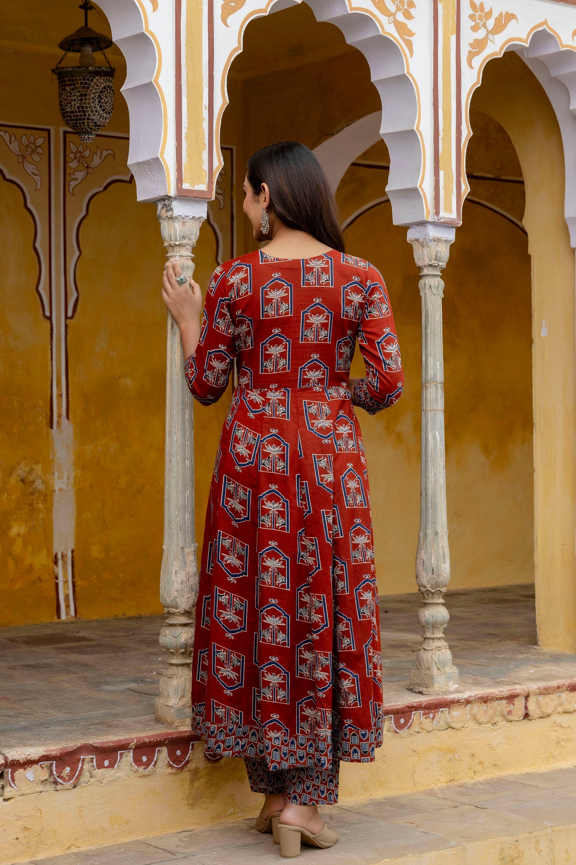 Ajrakh-Inspired Ethnic Handblock Printed Angarkha Style Kurta With Pant & Printed Dupatta, Rust - Hiral Fashion - Distacart