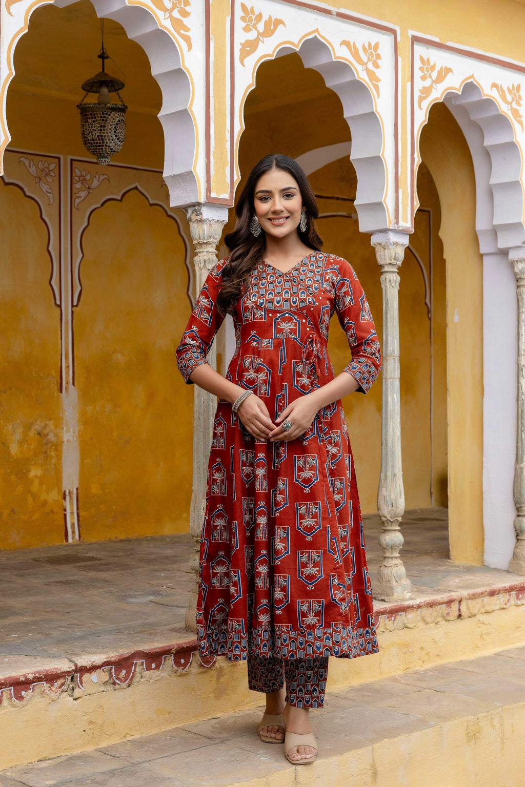 Ajrakh-Inspired Ethnic Handblock Printed Angarkha Style Kurta With Pant & Printed Dupatta, Rust - Hiral Fashion - Distacart