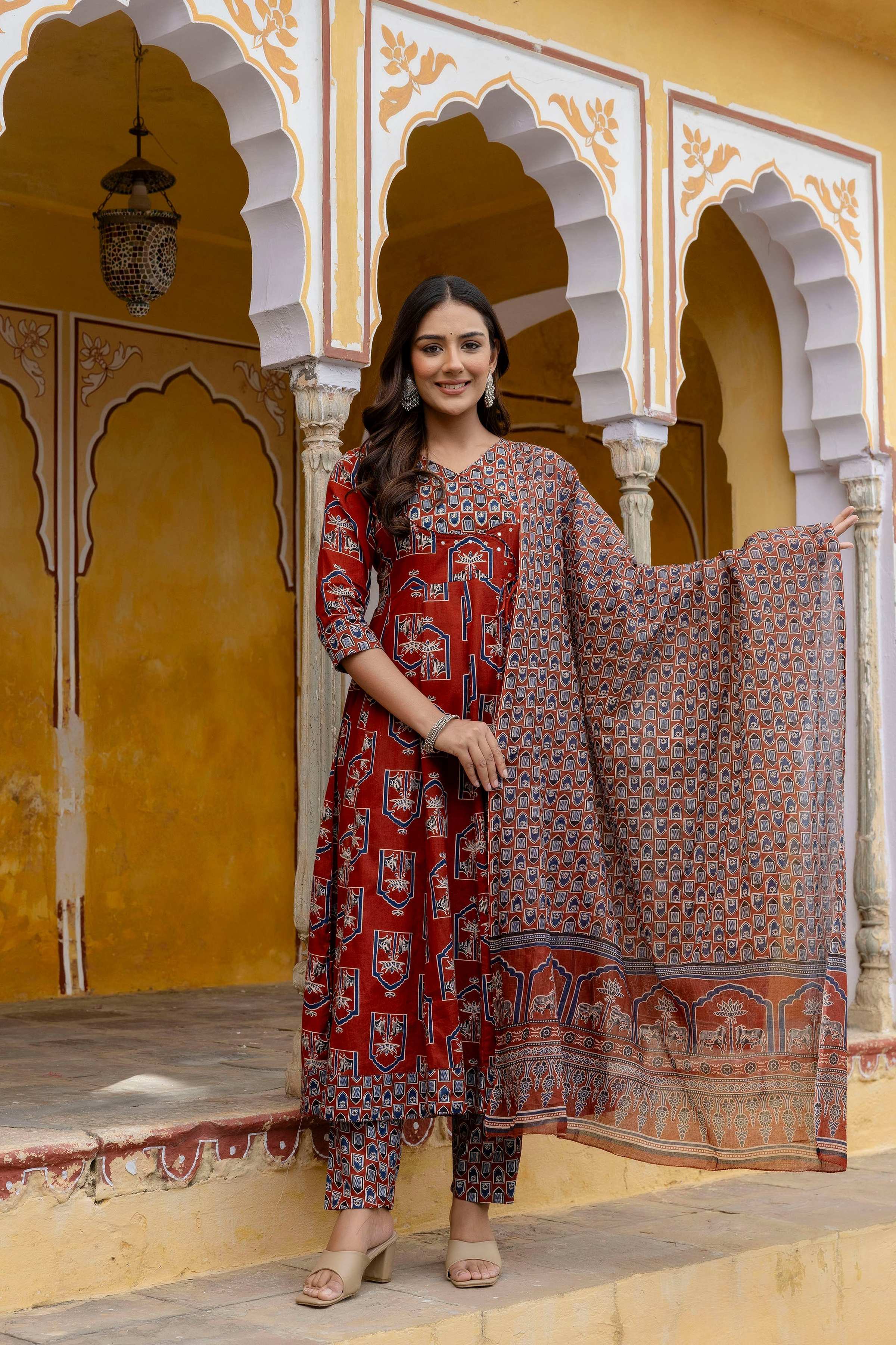 Ajrakh-Inspired Ethnic Handblock Printed Angarkha Style Kurta With Pant & Printed Dupatta, Rust - Hiral Fashion - Distacart