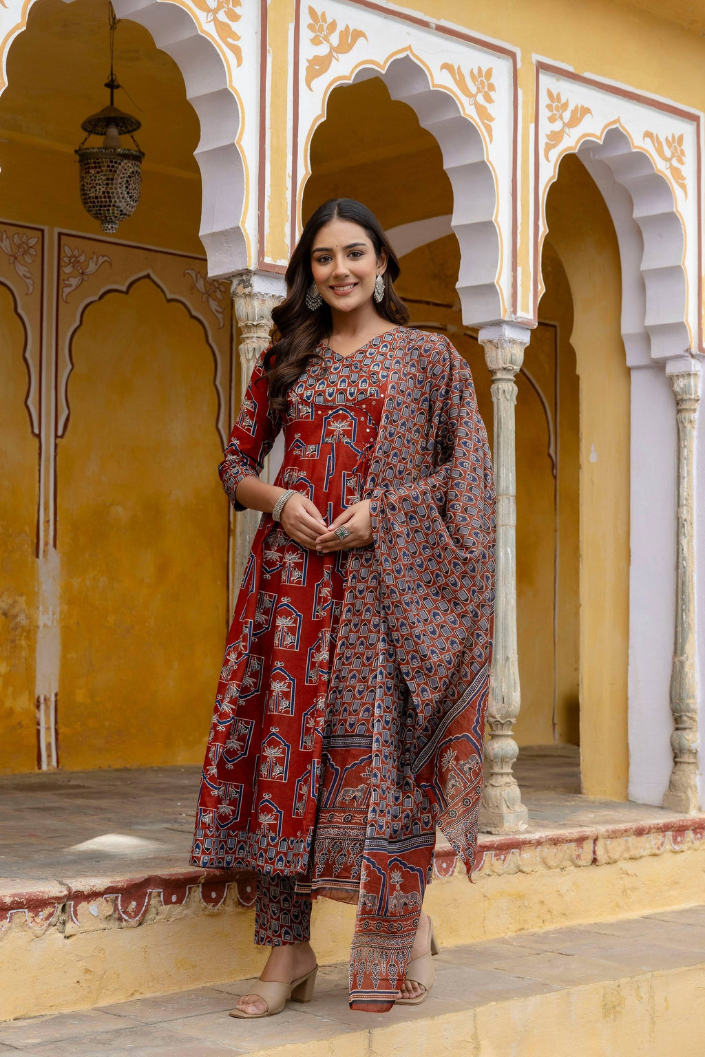 Ajrakh-Inspired Ethnic Handblock Printed Angarkha Style Kurta With Pant & Printed Dupatta, Rust - Hiral Fashion - Distacart