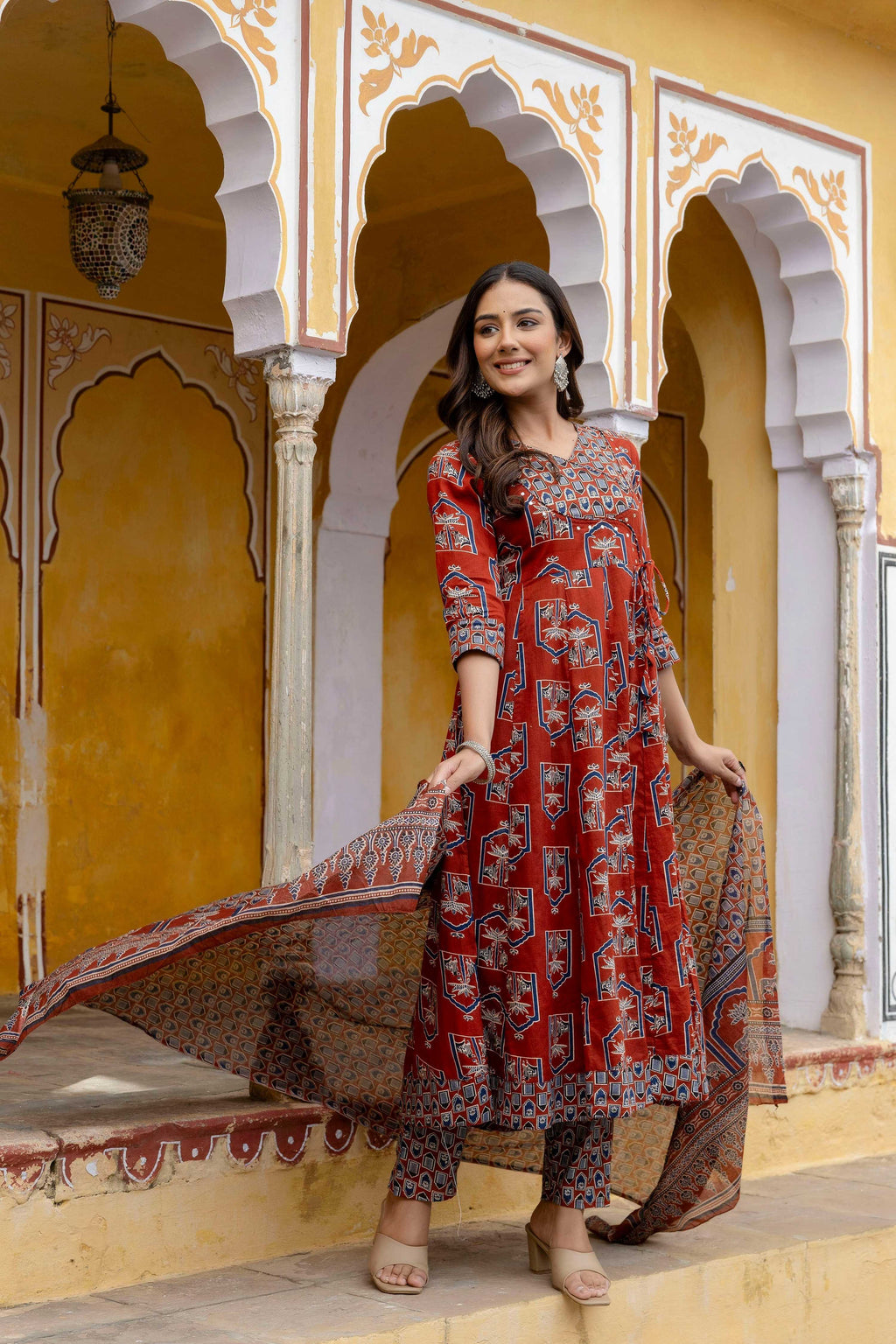Ajrakh-Inspired Ethnic Handblock Printed Angarkha Style Kurta With Pant & Printed Dupatta, Rust - Hiral Fashion - Distacart