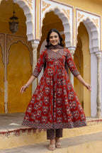 Ajrakh-Inspired Ethnic Handblock Printed Angarkha Style Kurta With Pant & Printed Dupatta, Rust - Hiral Fashion - Distacart