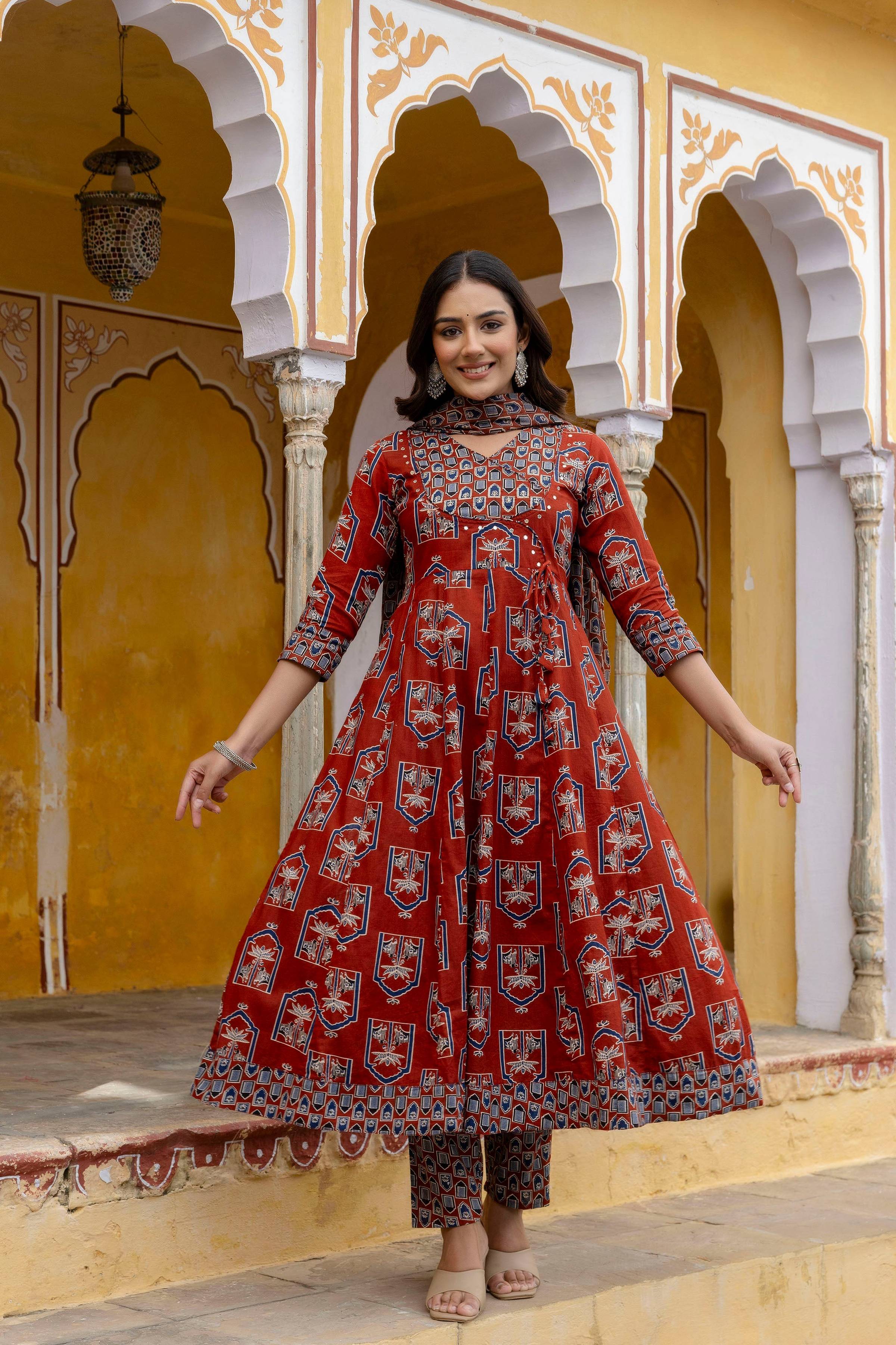 Ajrakh-Inspired Ethnic Handblock Printed Angarkha Style Kurta With Pant & Printed Dupatta, Rust - Hiral Fashion - Distacart