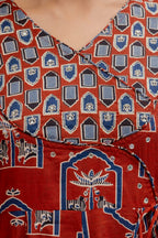 Ajrakh-Inspired Ethnic Handblock Printed Angarkha Style Kurta With Pant & Printed Dupatta, Rust - Hiral Fashion - Distacart