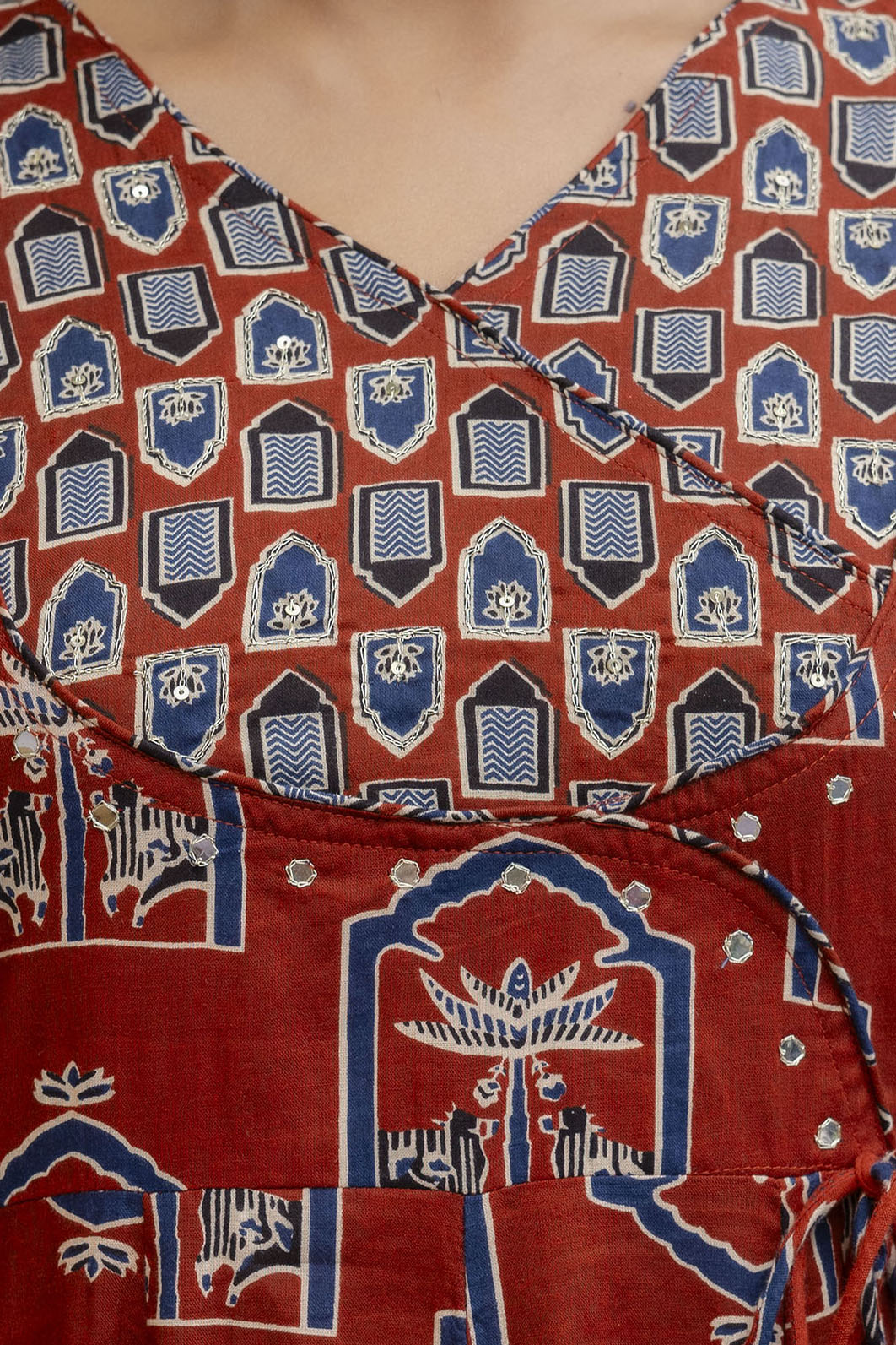 Ajrakh-Inspired Ethnic Handblock Printed Angarkha Style Kurta With Pant & Printed Dupatta, Rust - Hiral Fashion - Distacart