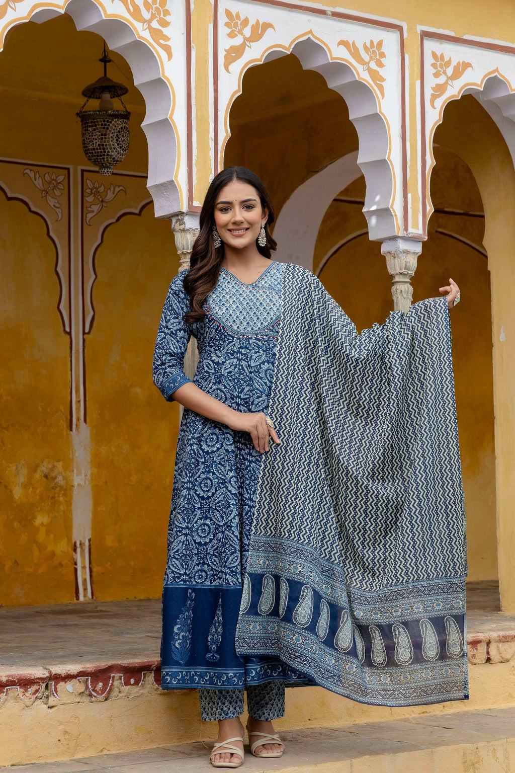 Embroidered Anarkali Kurta With Pant & Printed Dupatta, Blue - Hiral Fashion - Distacart