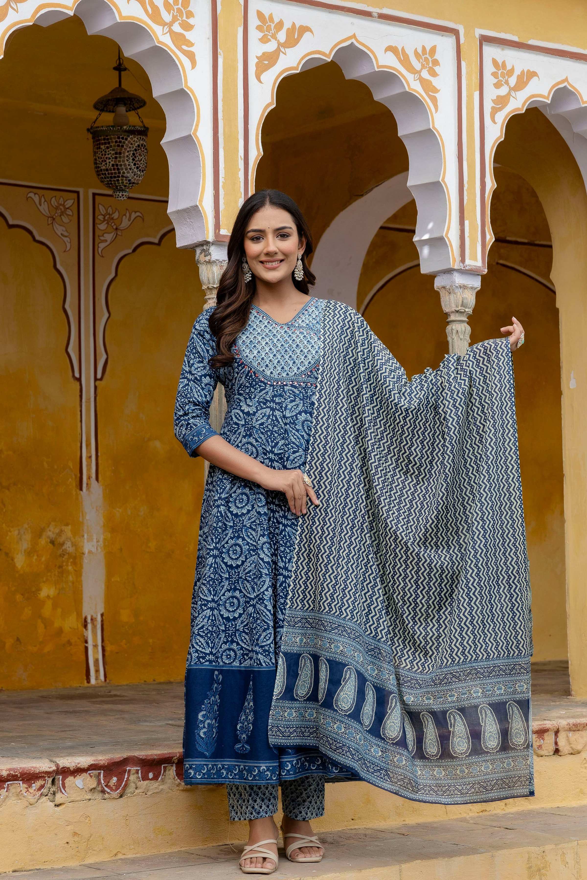 Embroidered Anarkali Kurta With Pant & Printed Dupatta, Blue - Hiral Fashion - Distacart