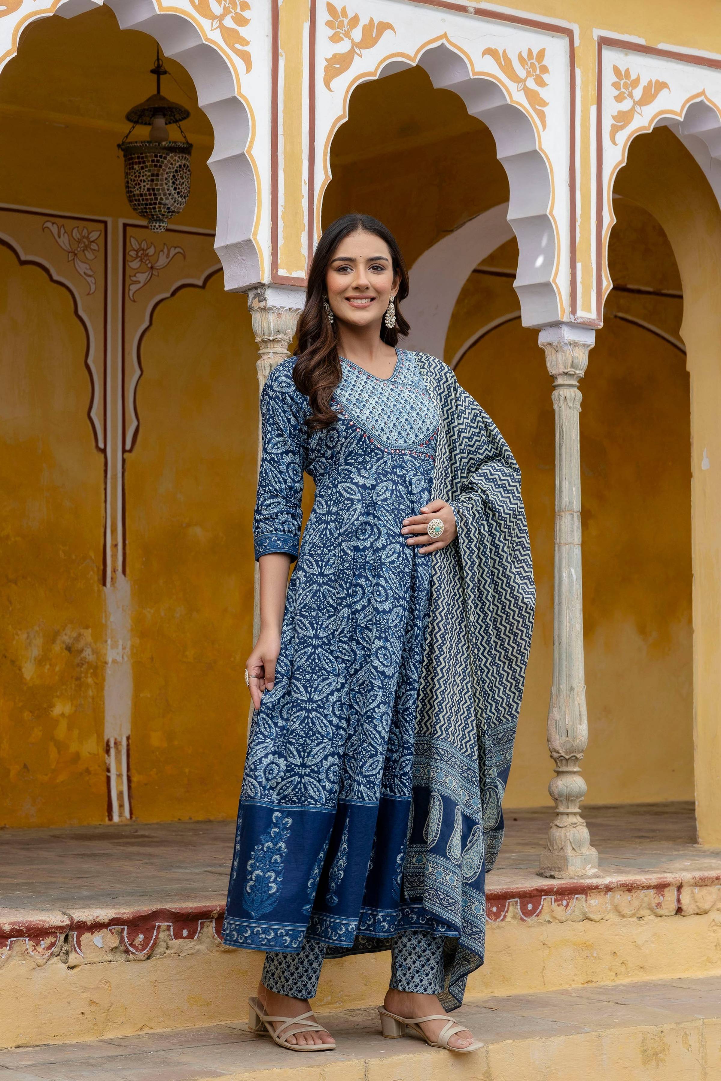 Embroidered Anarkali Kurta With Pant & Printed Dupatta, Blue - Hiral Fashion - Distacart