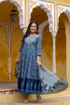 Embroidered Anarkali Kurta With Pant & Printed Dupatta, Blue - Hiral Fashion - Distacart